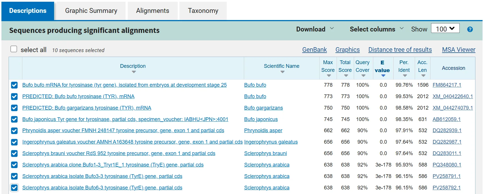 Sample output — BLAST Search Results